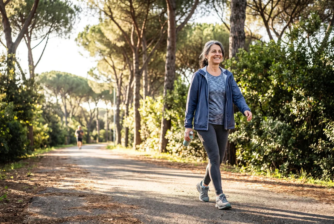 Donna sorridente che cammina a passo svelto su un viale alberato di pini con una borraccia in mano