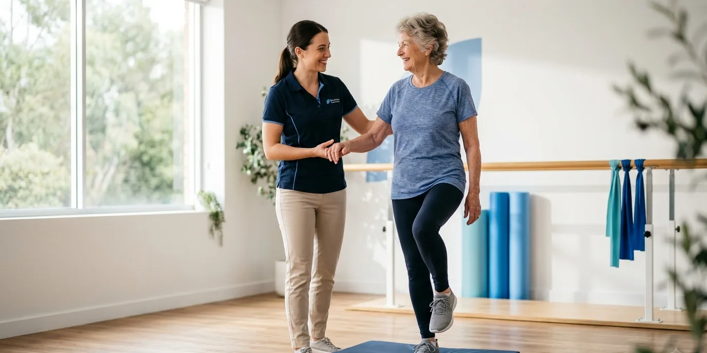 Fisioterapista che assiste una persona anziana durante un esercizio di equilibrio