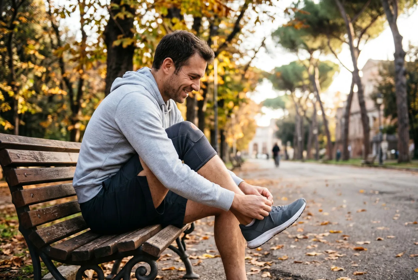 Uomo sorridente che si allaccia le scarpe da corsa su una panchina di un viale alberato di Roma, con un tutore leggero al ginocchio