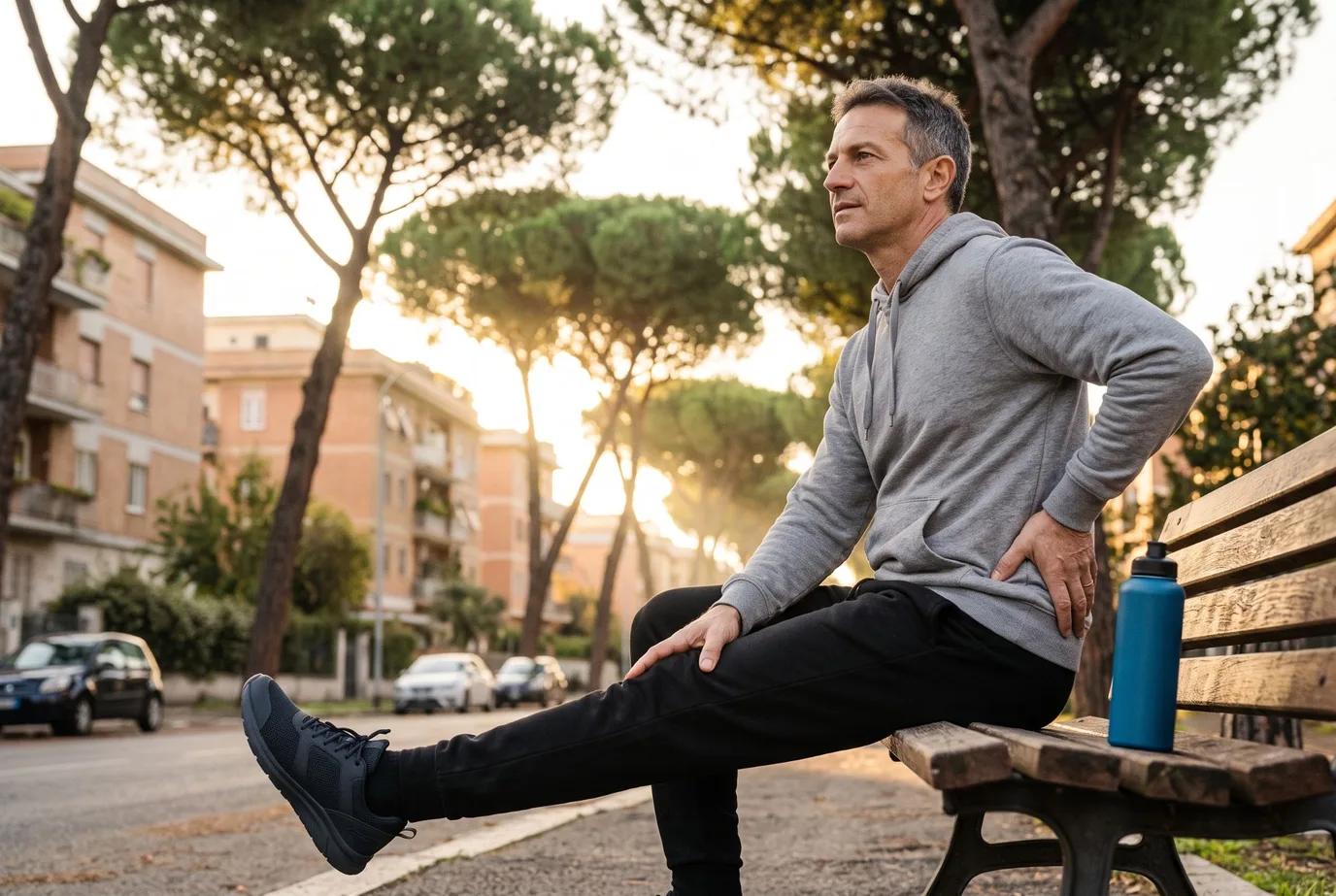 Uomo seduto su una panchina di un viale alberato di Roma, con una mano sulla zona lombare e l'altra sulla coscia, gamba distesa